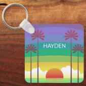 Retro Purple Sunset Palm Trees Art Personalised キーホルダー (正面)