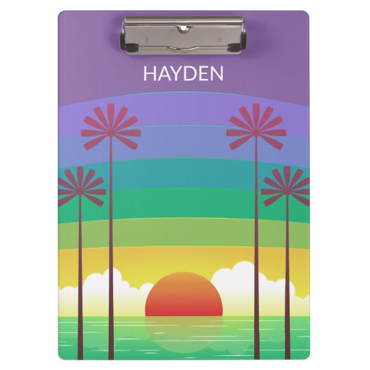 Retro Purple Sunset Palm Trees Art Personalised クリップボード (正面)