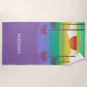 Retro Purple Sunset Palm Trees Art Personalised ビーチタオル (正面)