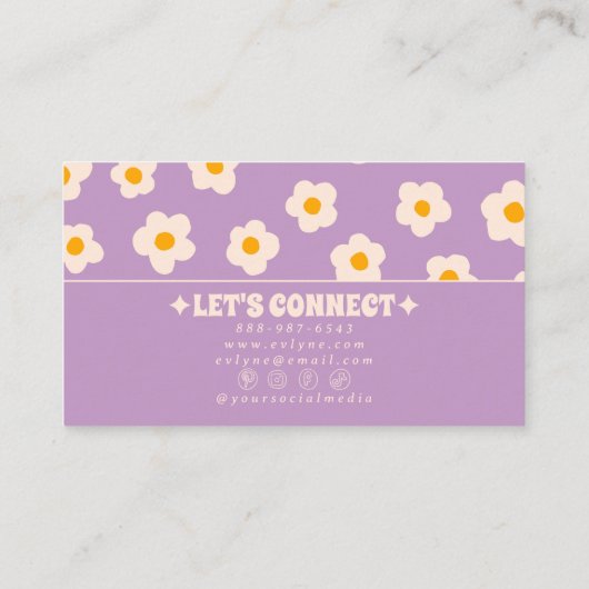 Retro Purple White Groovy Floral Boho Trendy Fun 名刺 (裏面)