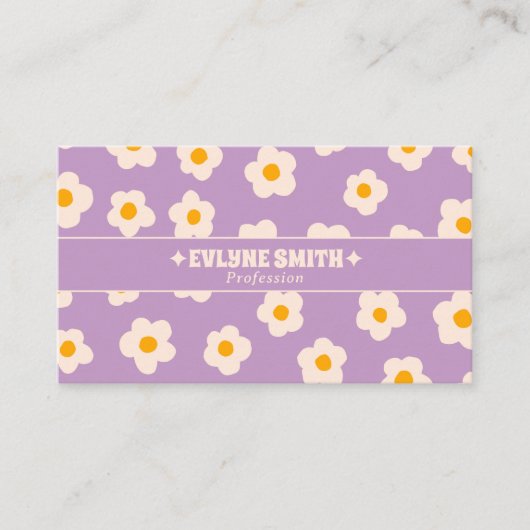 Retro Purple White Groovy Floral Boho Trendy Fun 名刺 (正面)