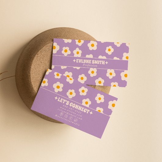 Retro Purple White Groovy Floral Boho Trendy Fun 名刺