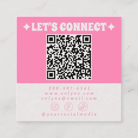 Retro QR Code Pink Groovy Floral Boho Girly Trendy スクエア名刺 (裏面)