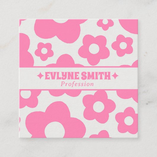 Retro QR Code Pink Groovy Floral Boho Girly Trendy スクエア名刺 (正面)
