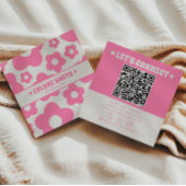 Retro QR Code Pink Groovy Floral Boho Girly Trendy スクエア名刺