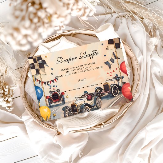 Retro Race Car Baby Shower Diapper Raffle エンクロージャーカード