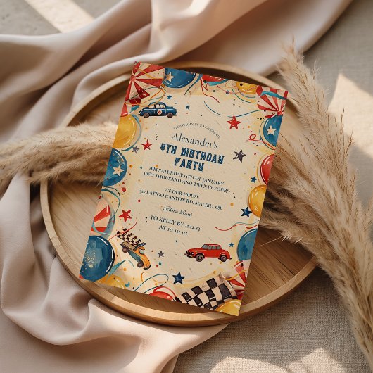 Retro Race Car Birthday Party 招待状