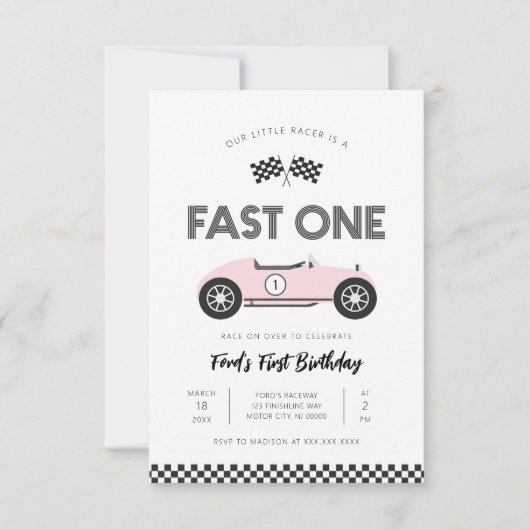 Retro Race Car Fast One First Birthday 招待状 (正面)