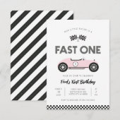 Retro Race Car Fast One First Birthday 招待状 (正面/裏面)