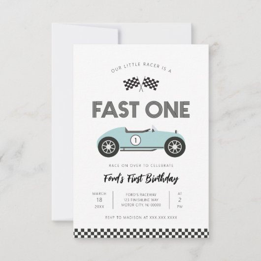 Retro Race Car Fast One First Birthday 招待状 (正面)