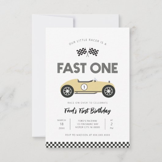 Retro Race Car Fast One First Birthday 招待状 (正面)