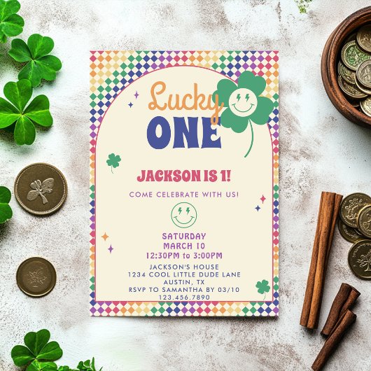 Retro Rainbow Boys St Patrick's 1st Birthday Party 招待状