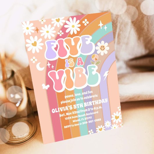 Retro Rainbow Daisy Birthday Invitation 招待状