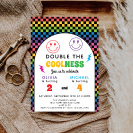 Retro Rainbow Double Celebration Joint Birthday 招待状