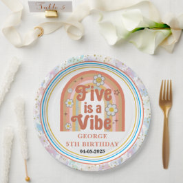 Retro Rainbow FIVE is a Vibe Groovy 5th Birthday ペーパープレート