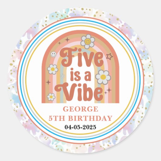 Retro Rainbow FIVE is a Vibe Groovy 5th Birthday ラウンドシール (正面)