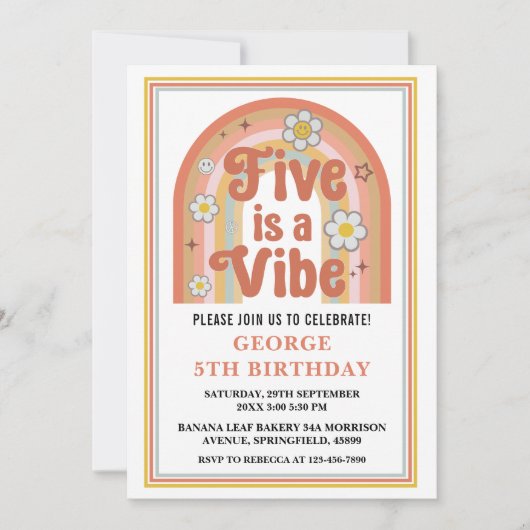 Retro Rainbow FIVE is a Vibe Groovy 5th Birthday 招待状 (正面)