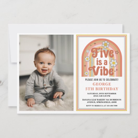 Retro Rainbow FIVE is a Vibe Groovy 5th Birthday 招待状 (正面)