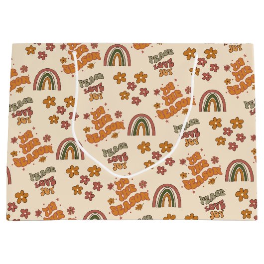 Retro Rainbow Flower Christmas ラージペーパーバッグ (正面)