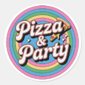 Retro Rainbow Pizza and Party Birthday Round Stick ラウンドシール (正面)