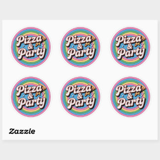 Retro Rainbow Pizza and Party Birthday Round Stick ラウンドシール
