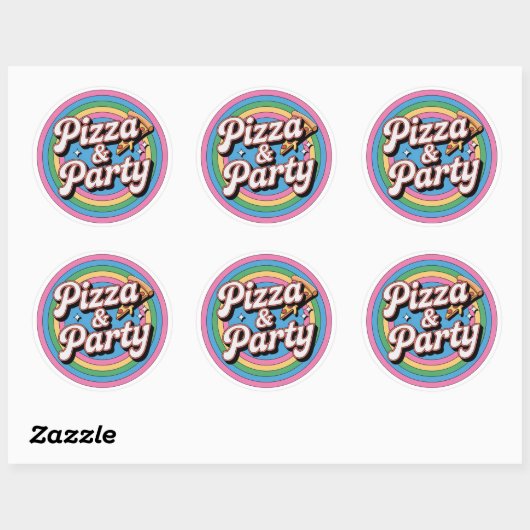 Retro Rainbow Pizza and Party Birthday Round Stick ラウンドシール (シート)