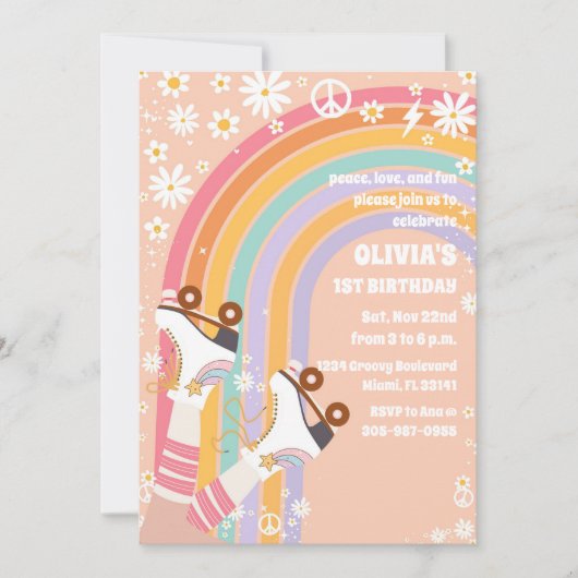 Retro Rainbow Roller Skates Invitation 招待状 (正面)