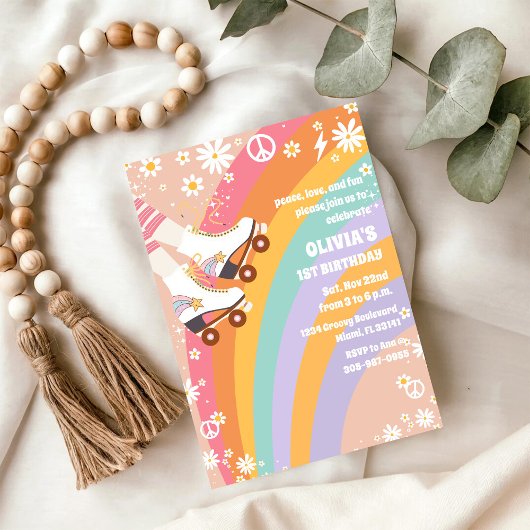 Retro Rainbow Roller Skating Birthday 招待状