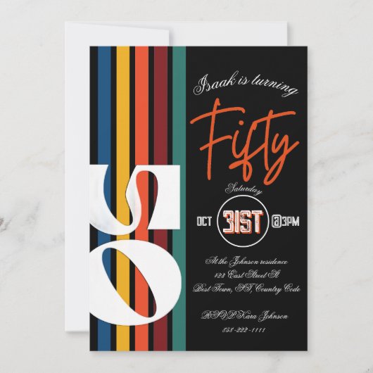 Retro Rainbow Striped “Fifty” Birthday Invitation 招待状 (正面)