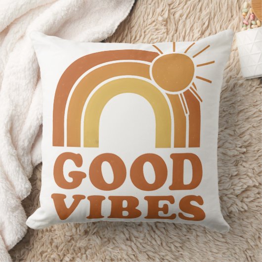 Retro Rainbow Sun "Good Vibes" Throw Pillow クッション (ブランケット)