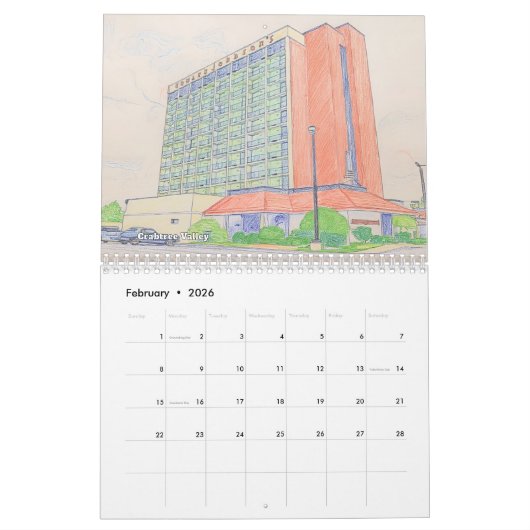 Retro Raleigh NC Calendar カレンダー (2月 2026)
