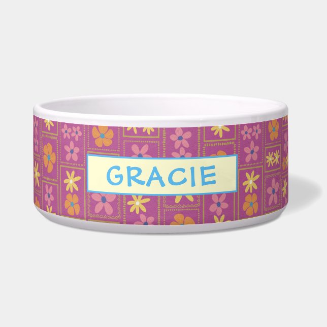 Retro Raspberry Patchwork Floral Custom Large Dog ボウル (正面)