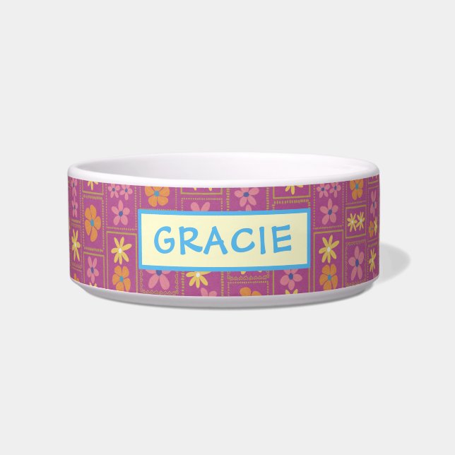 Retro Raspberry Patchwork Floral Custom Medium Dog ボウル (正面)