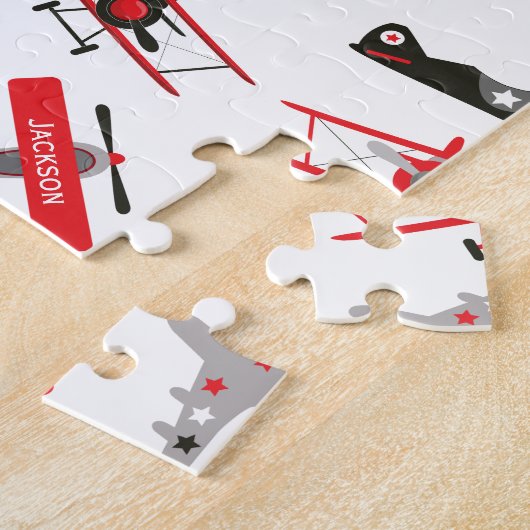 Retro Red and Black WWII Military Airplane Pattern ジグソーパズル (側面)