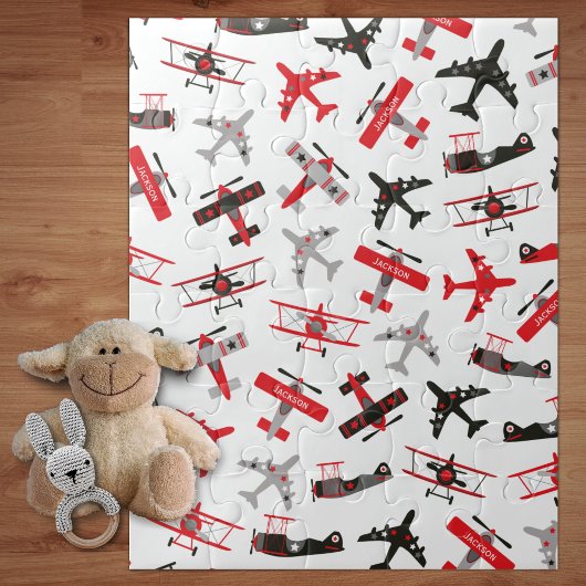 Retro Red and Black WWII Military Airplane Pattern ジグソーパズル