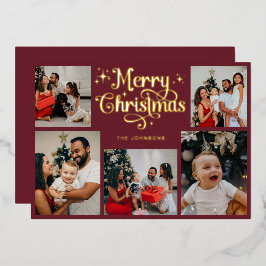Retro Red and Gold Merry Christmas Family Photo 箔シーズンカード