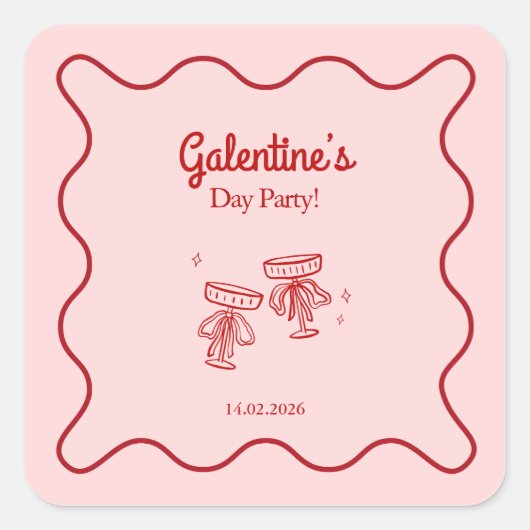 Retro Red and Pink Galentines Party スクエアシール (正面)