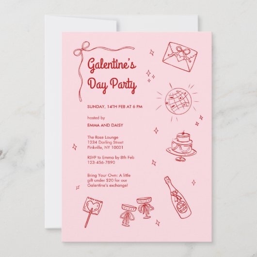 Retro Red and Pink Galentines Party 招待状 (正面)