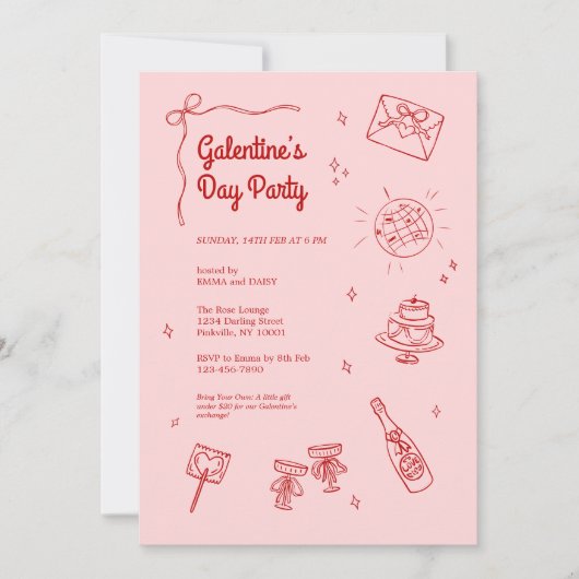 Retro Red and Pink Galentines Party Invitation 招待状 (正面)