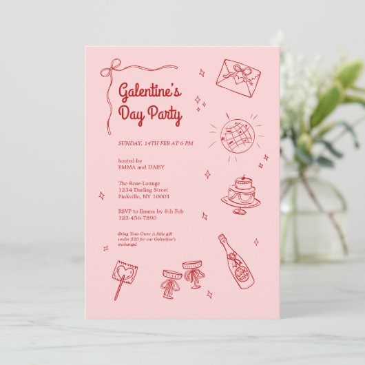 Retro Red and Pink Galentines Party Invitation 招待状 (スタンド正面)