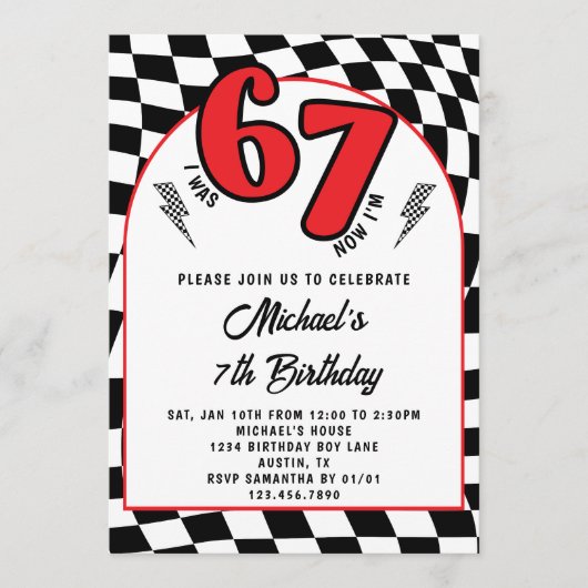 Retro Red Black Checkered 6 7 Boy 7th Birthday 招待状 (正面)