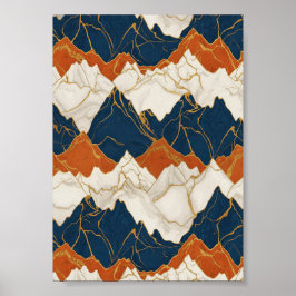 Retro Red Blue Mountain Landscape Art ポスター