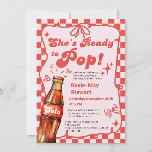 Retro Red Checker Ready to Pop Cola Baby Shower 招待状 (正面)