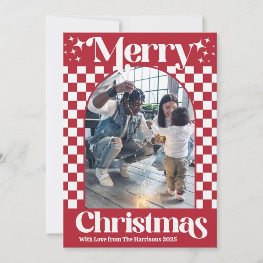 Retro Red Checkerboard Christmas Flat Card シーズンカード (正面)