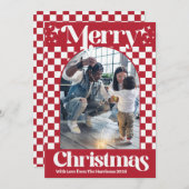 Retro Red Checkerboard Christmas Flat Card シーズンカード (正面/裏面)