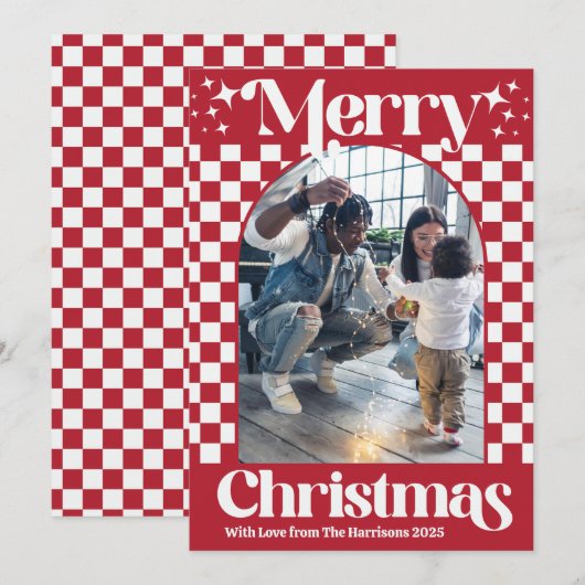 Retro Red Checkerboard Christmas Flat Card シーズンカード (正面/裏面)