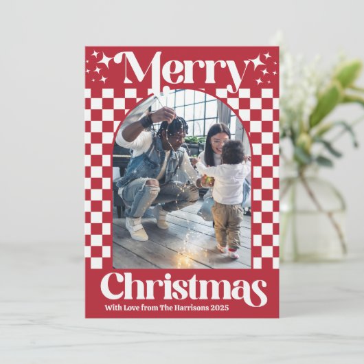 Retro Red Checkerboard Christmas Flat Card シーズンカード (スタンド正面)