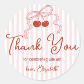 Retro Red Cherries with Pink Bow Script Thank You ラウンドシール (正面)