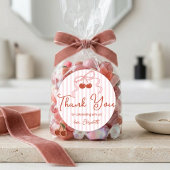 Retro Red Cherries with Pink Bow Script Thank You ラウンドシール
