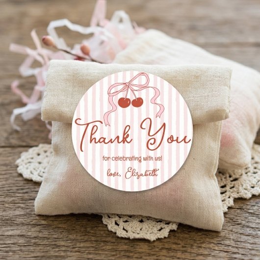 Retro Red Cherries with Pink Bow Script Thank You ラウンドシール